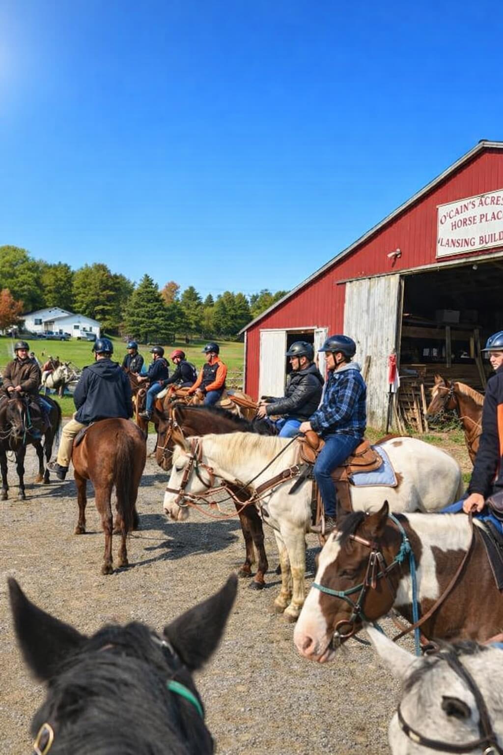 Group horseback ride preparing to depart from Evangeline Trail Rides in Stanley Nova Scotia.