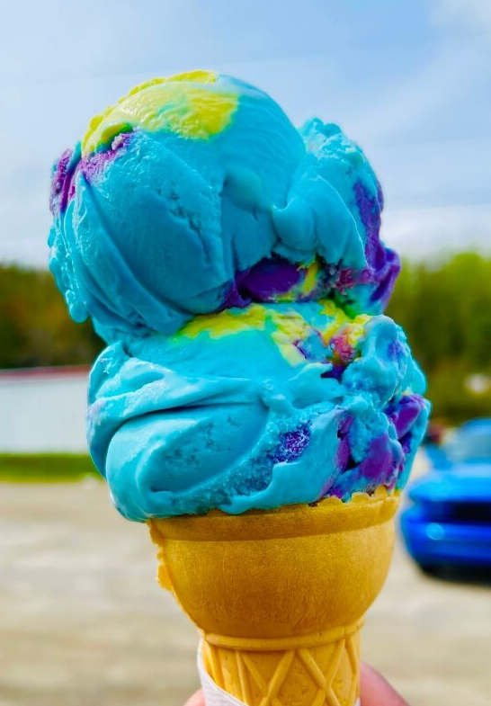 Colourful ice cream cone from Summertime Treats near the Shubenacadie River tidal bore rafting area in Nova Scotia