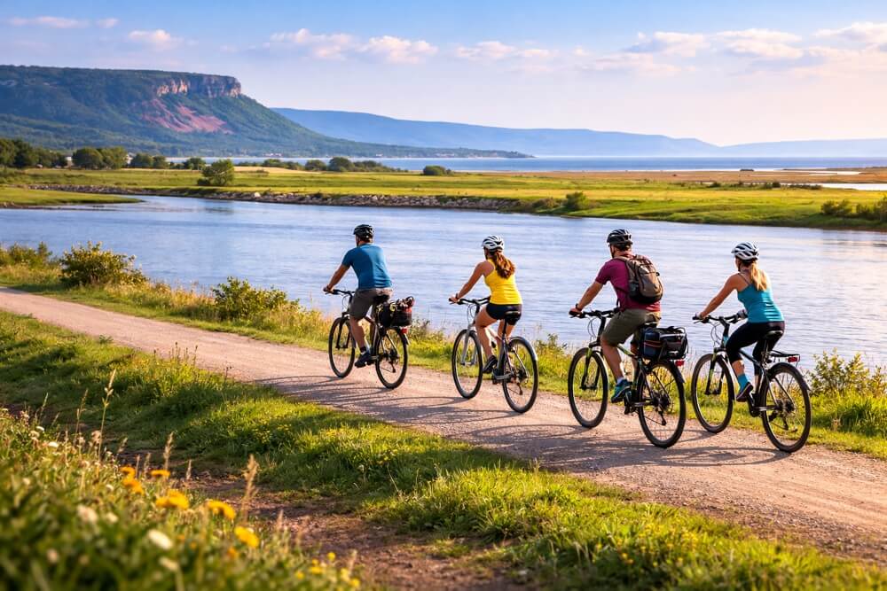 Cyclists riding the Harvest Moon Trail beside the Minas Basin near Wolfville, Nova Scotia