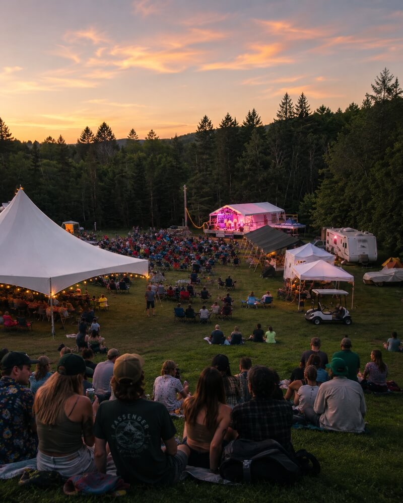 Outdoor music festival at sunset near Windsor Nova Scotia