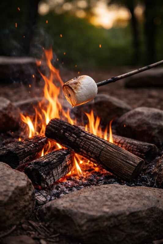 Roasting marshmallow over campfire at NATURA Wilderness Resort Nova Scotia glamping evening experience