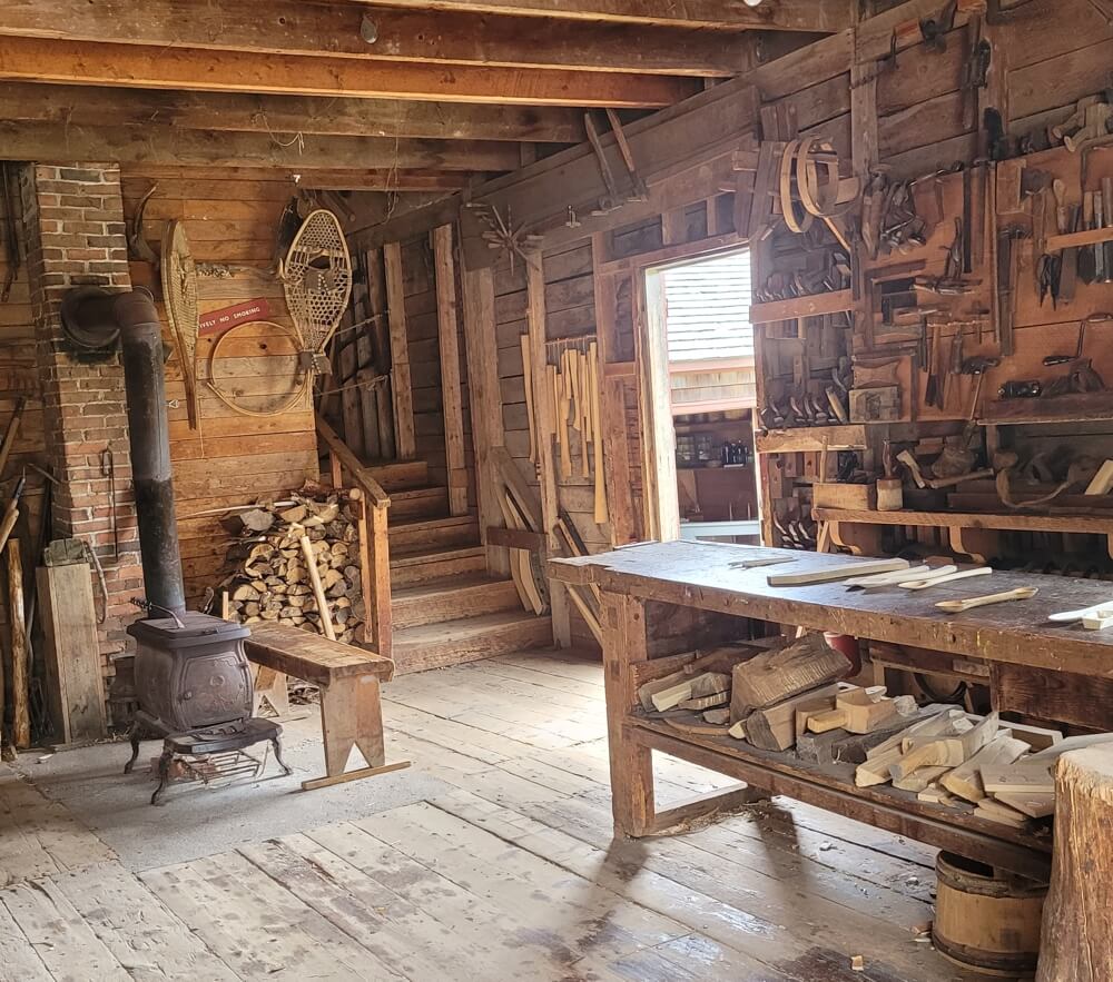 Historic woodworking shop interior at Ross Farm Museum New Ross Nova Scotia traditional crafts and tools
